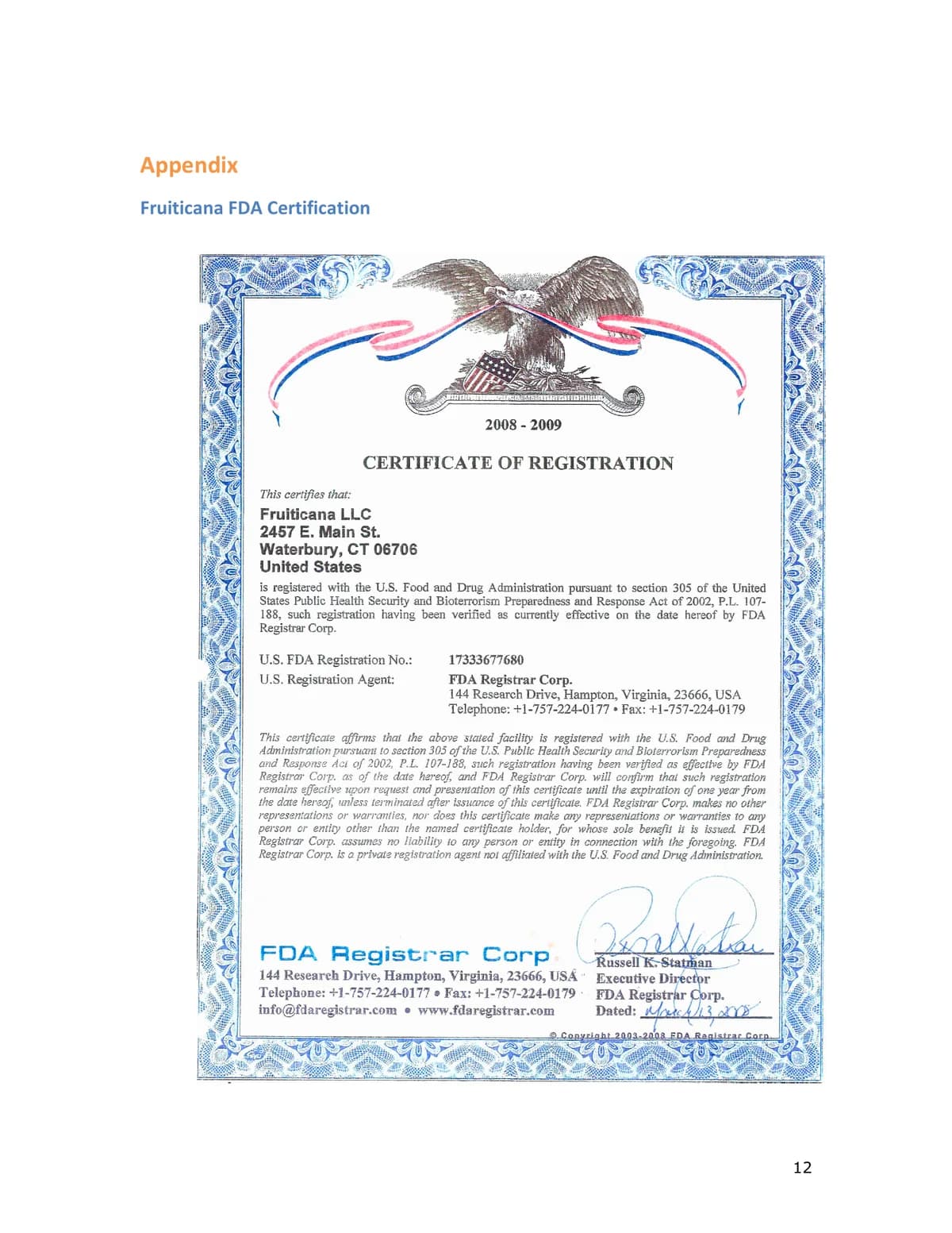 2008–2009 Certificate of Registration for Fruiticana LLC issued by FDA Registrar Corp., showing U.S. FDA facility registration No. 17333677680.