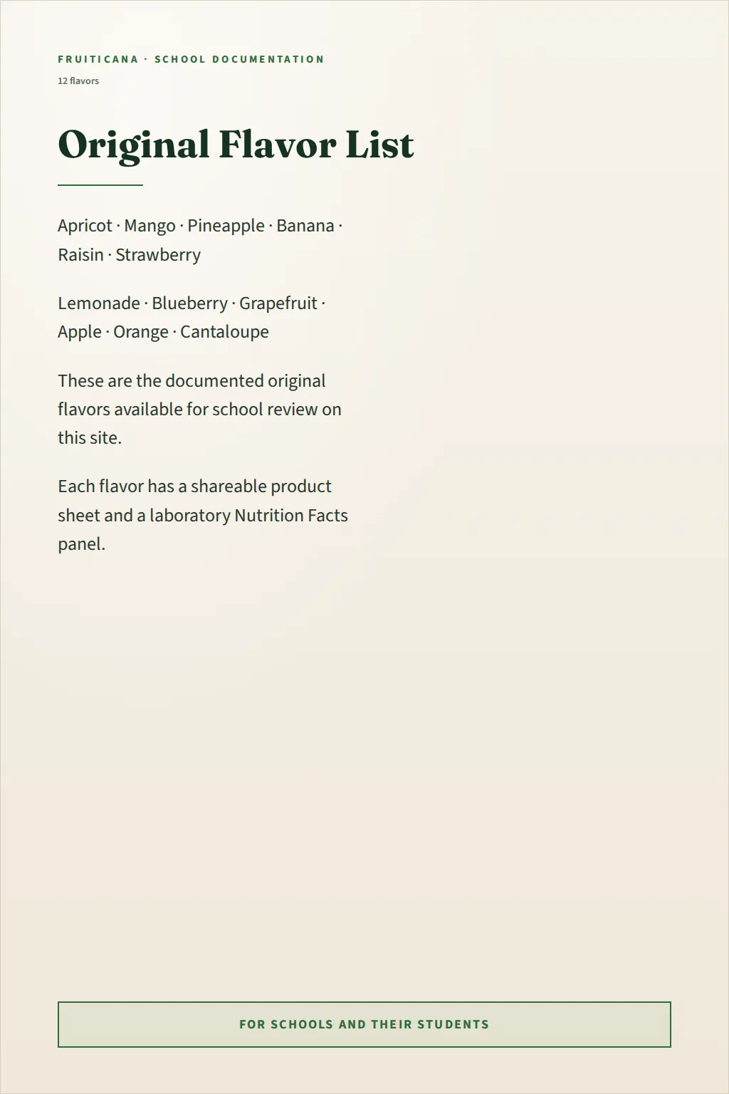Fruiticana document page listing the original twelve flavors.