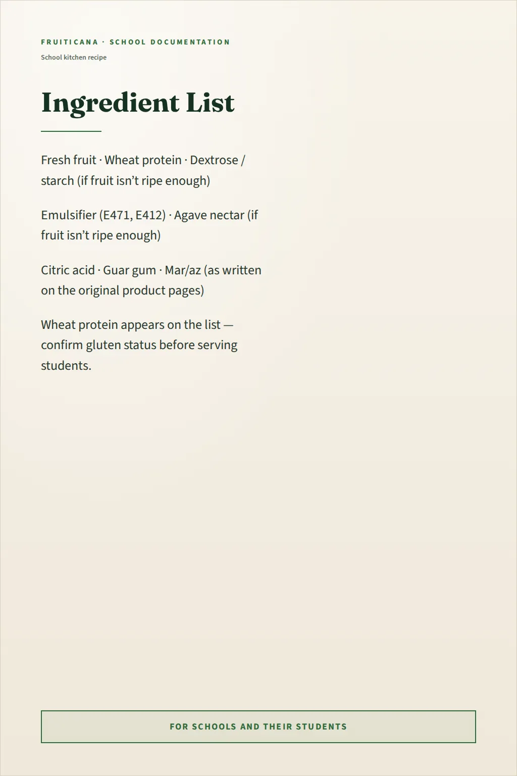 Fruiticana document page with the ingredient list, including wheat protein.