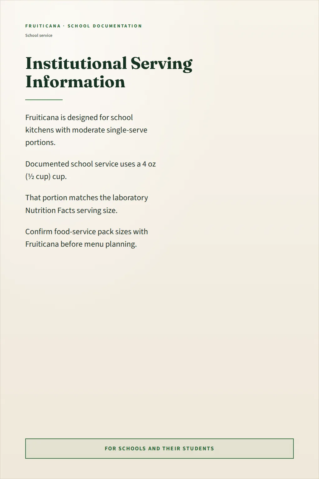 Fruiticana document page describing the 4 oz institutional single-serve cup.