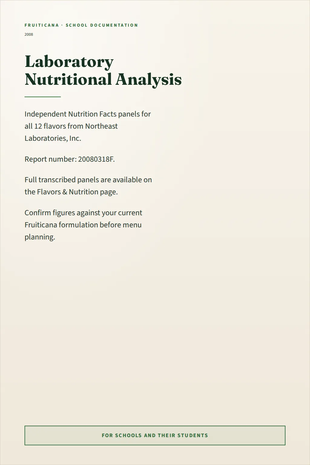 Fruiticana document page summarizing the 2008 nutritional analysis.