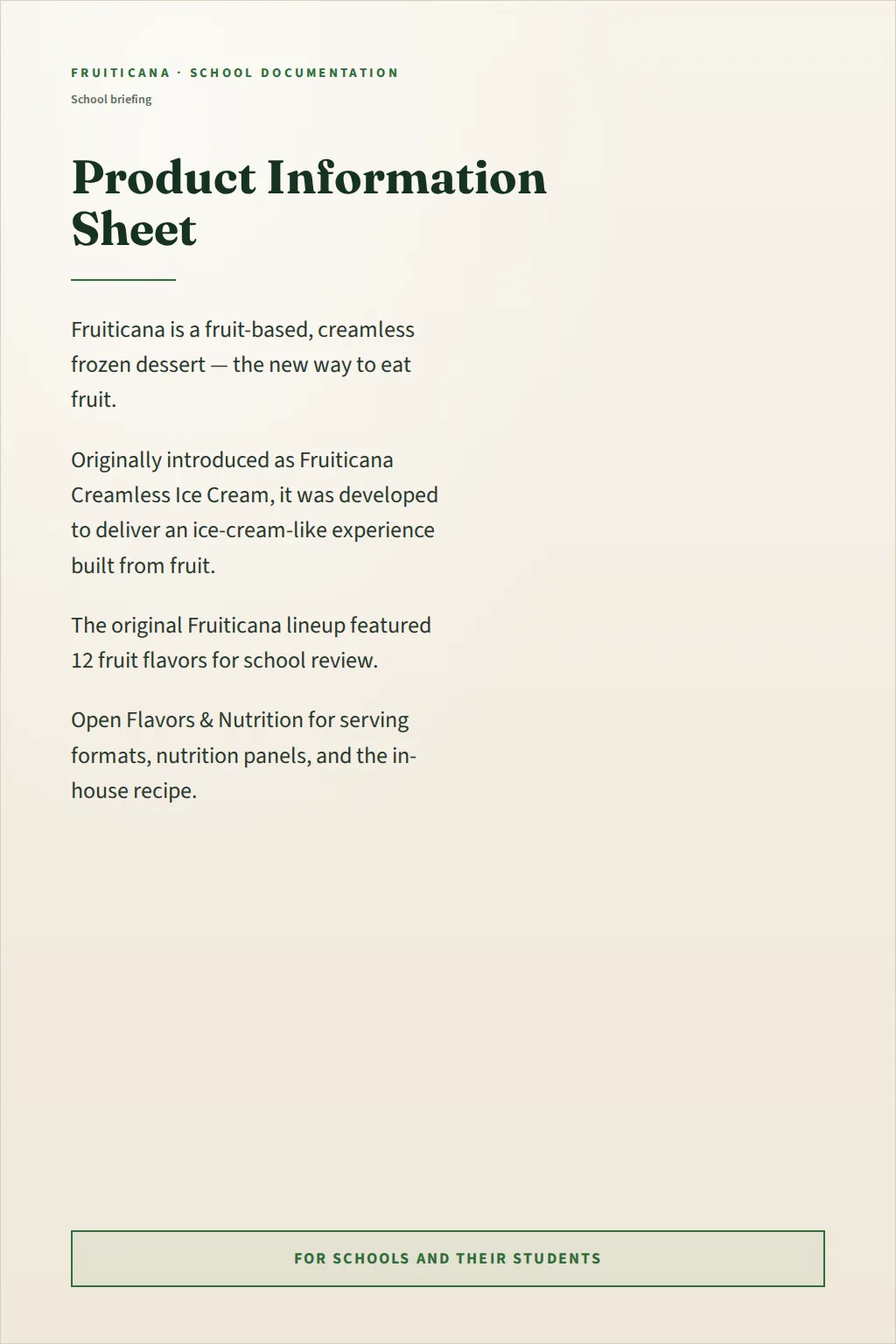 Fruiticana product information sheet for school review.